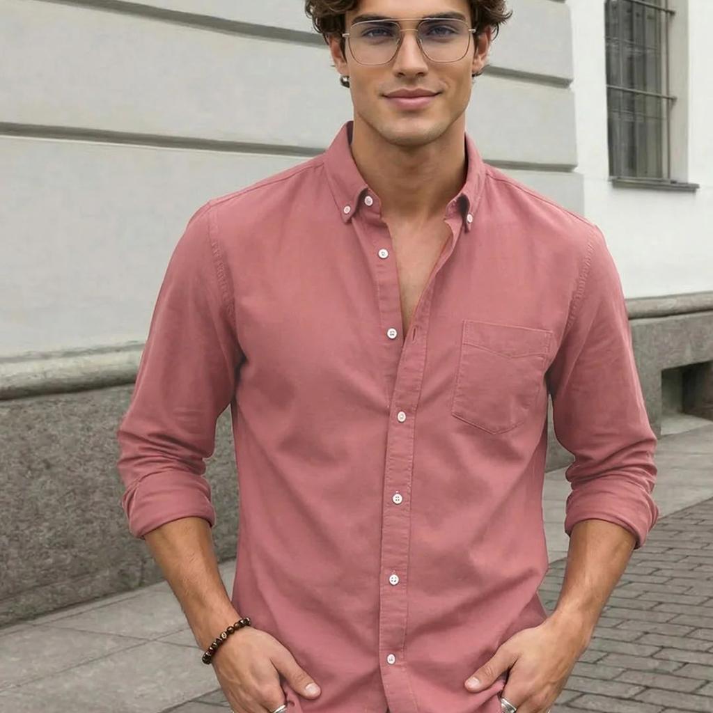 Men's Peach Cotton Full Sleeve Regular Fit Solid Oxford Shirt With Button-Down Collar