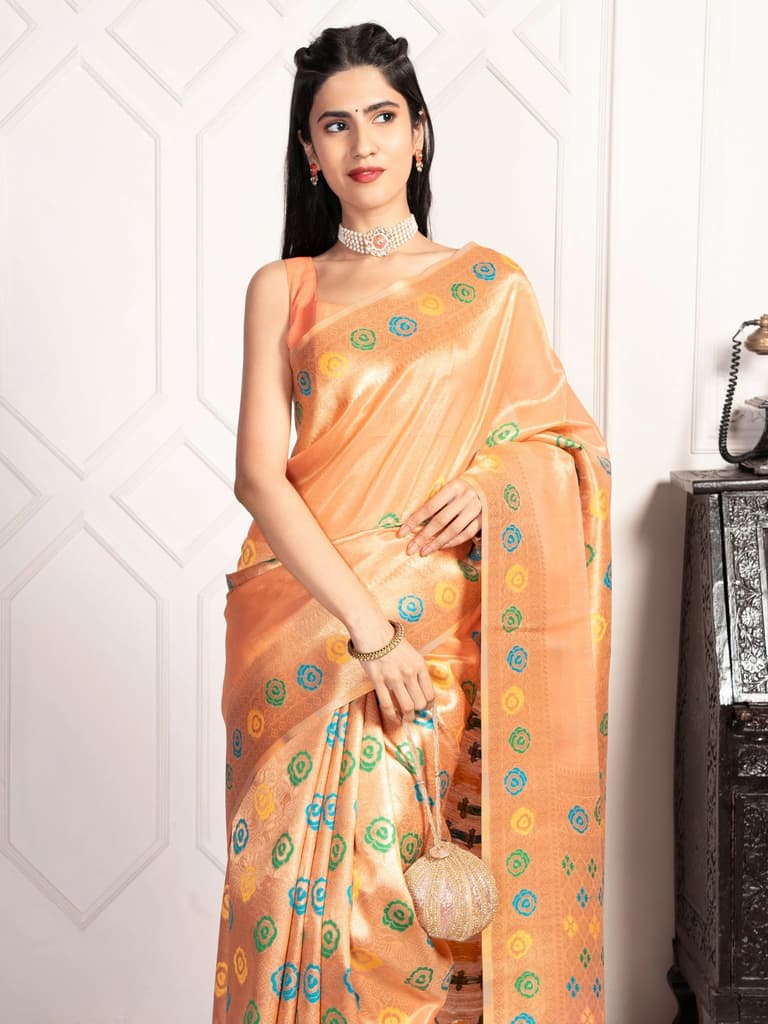 Mimosa Women's Woven Design Banarasi Style Art Silk Saree With Blouse Piece : SA00002082PCFREE — Peach