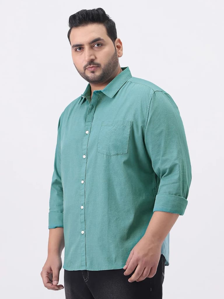 Plus Men's Light Teal Cotton Full Sleeve Regular Fit Casual Solid Slub Shirt with Spread Collar — photo 2