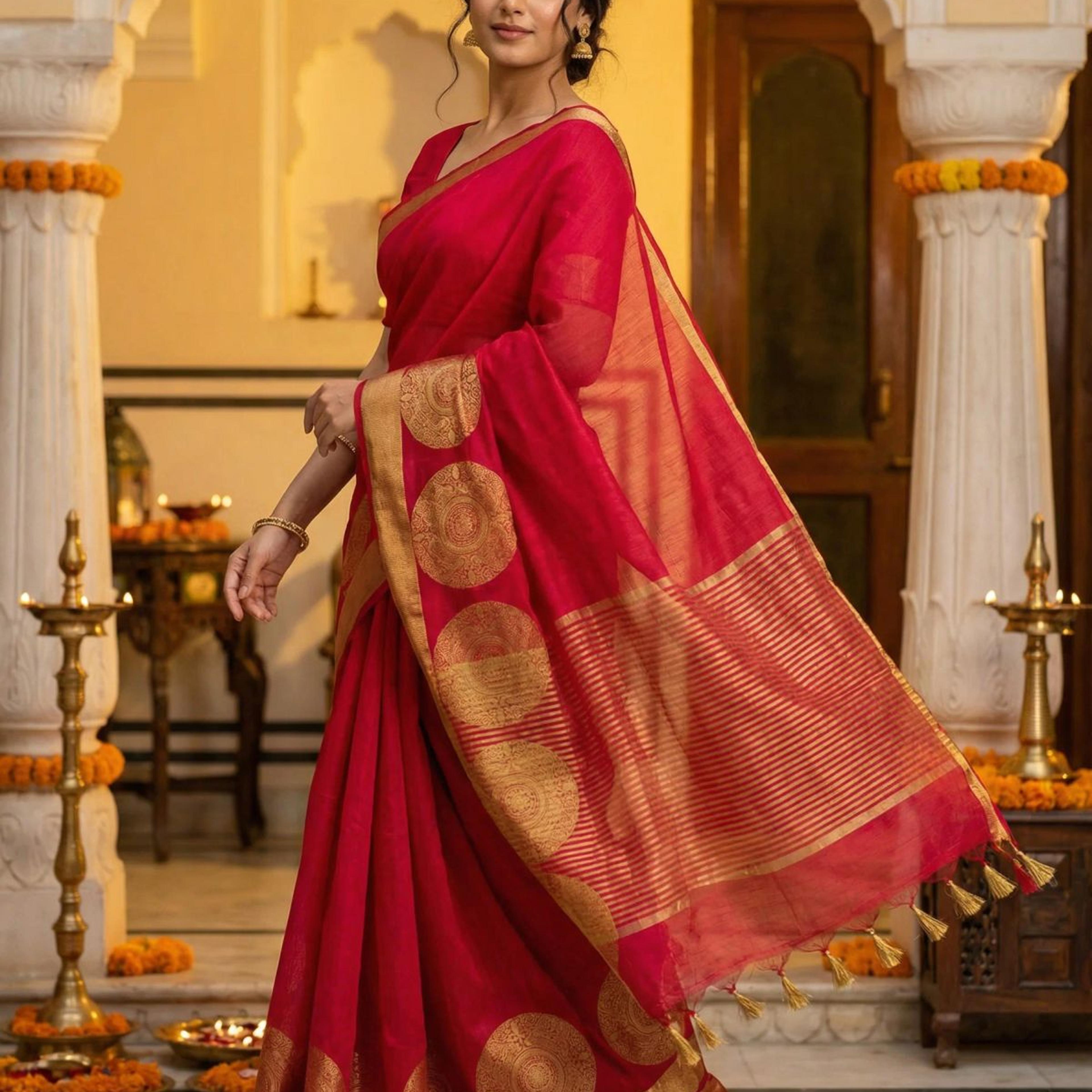 MIMOSA Women's Woven Design Kanjivaram Style Art Silk Saree with Blouse Piece - Rani ( SA00003148RNFREE )