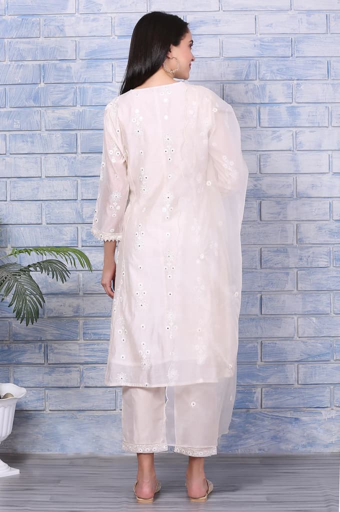 Cream Mirror Work Embroidered Chanderi Flared Kurta, Pants and Dupatta Set — photo 5