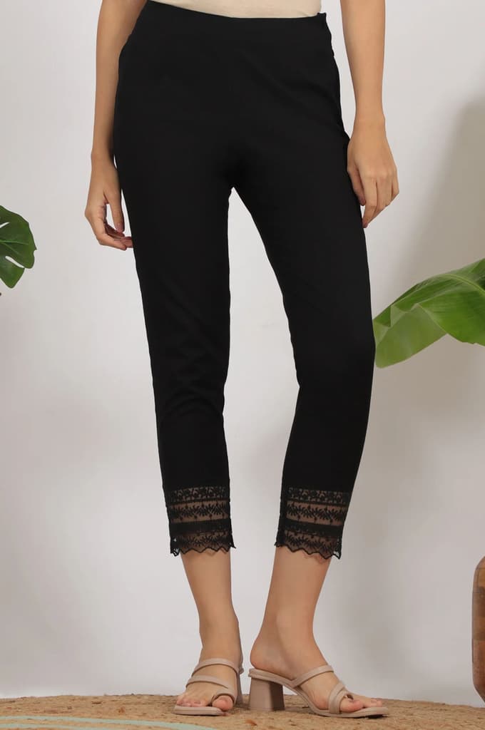 Black Solid Cotton Flax Slim Pants with Lace — photo 2