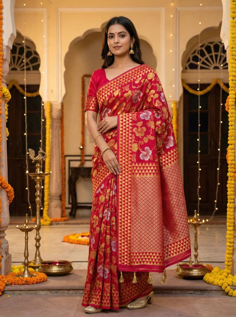 MIMOSA Women's Woven Design Kanjivaram Style Art Silk Saree with Blouse Piece - Rani ( SA00003152RNFREE ) — Default Title