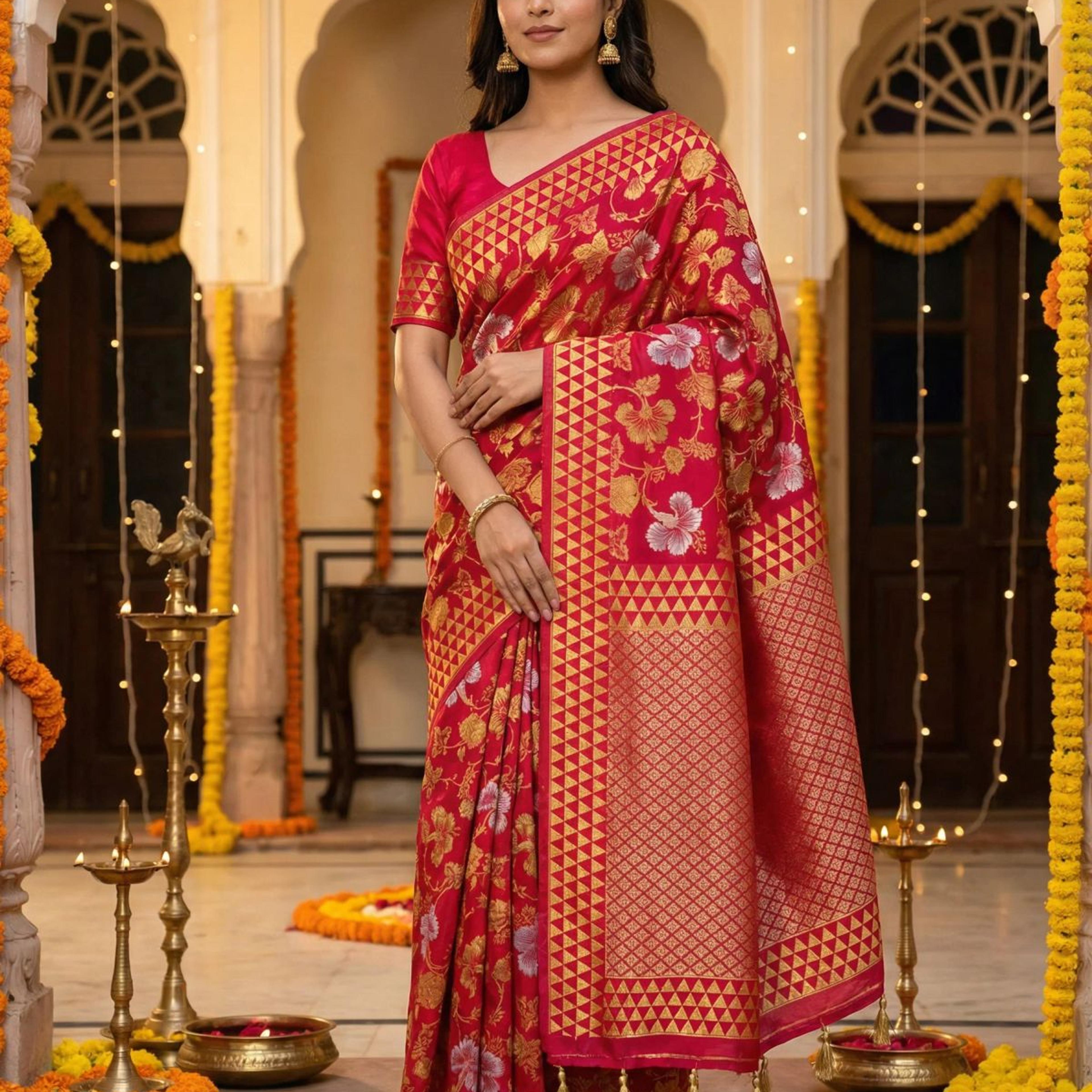 MIMOSA Women's Woven Design Kanjivaram Style Art Silk Saree with Blouse Piece - Rani ( SA00003152RNFREE )