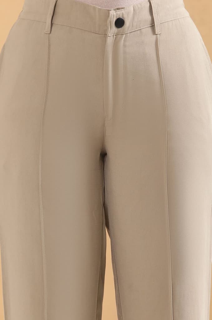 Beige Solid Straight Fit Woven Pants With Pintuck Detail — photo 6