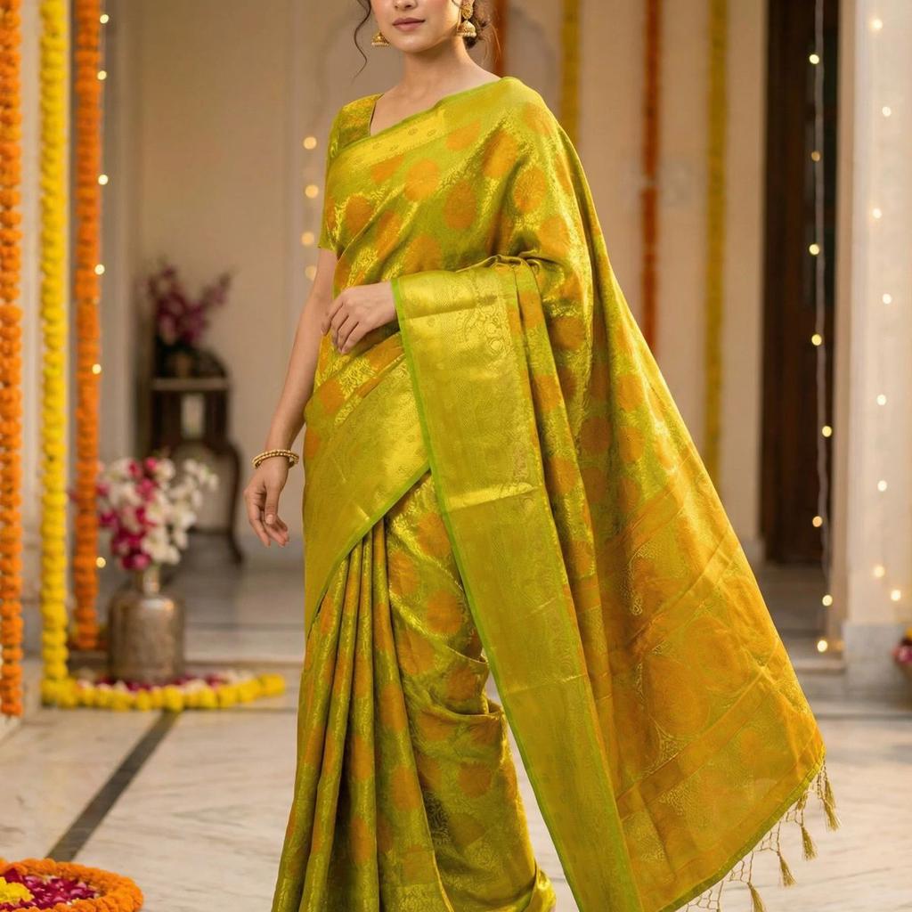 MIMOSA Women's Woven Design Kanjivaram Style Art Silk Saree with Blouse Piece - Olive ( SA00003147OLFREE )