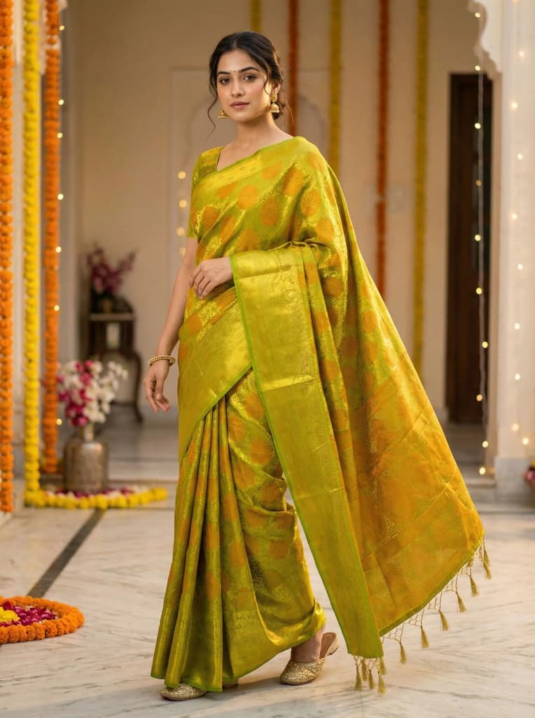 MIMOSA Women's Woven Design Kanjivaram Style Art Silk Saree with Blouse Piece - Olive ( SA00003147OLFREE ) — Default Title