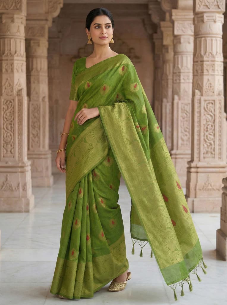 MIMOSA Women's Woven Design Banarasi Style dola silk Saree with Blouse Piece - Olive ( SA00003137OLFREE ) — photo 2