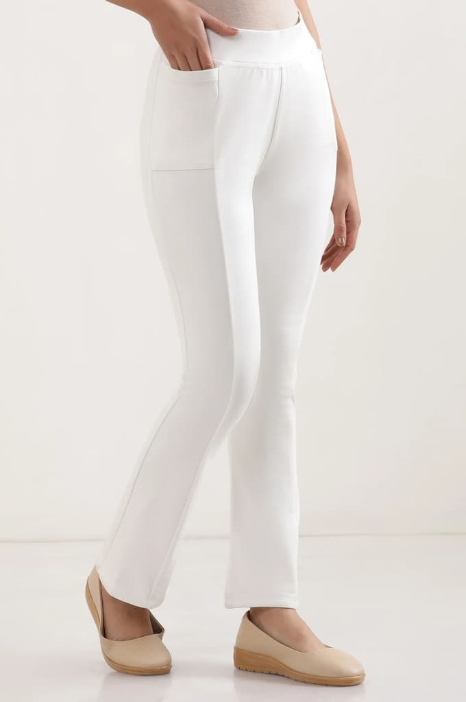 Off White Solid Boot Cut Pants With Elasticated Waist — photo 5