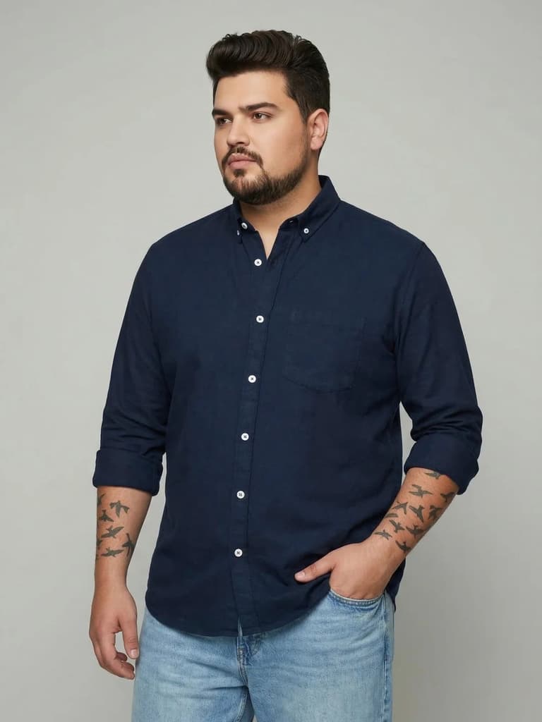 Plus Men's Navy Cotton Full Sleeve Regular Fit Solid Oxford Shirt With Button-Down Collar — photo 2