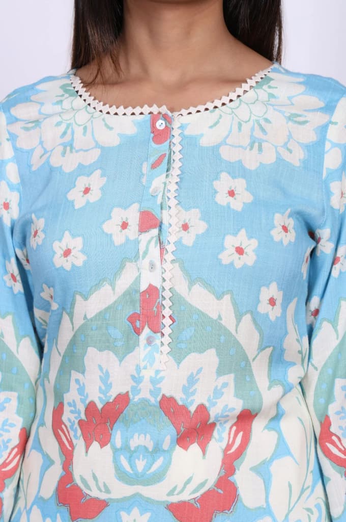Blue Ikkat Lace Trim Straight Kurta — photo 2