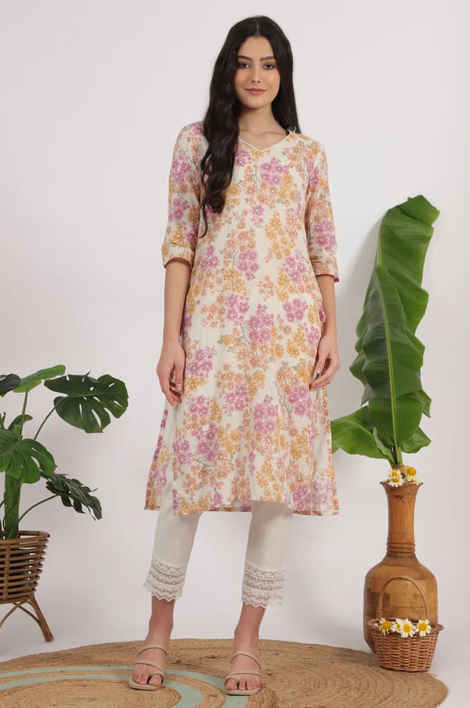White Floral Printed Pure Cotton Straight Kurta — photo 3