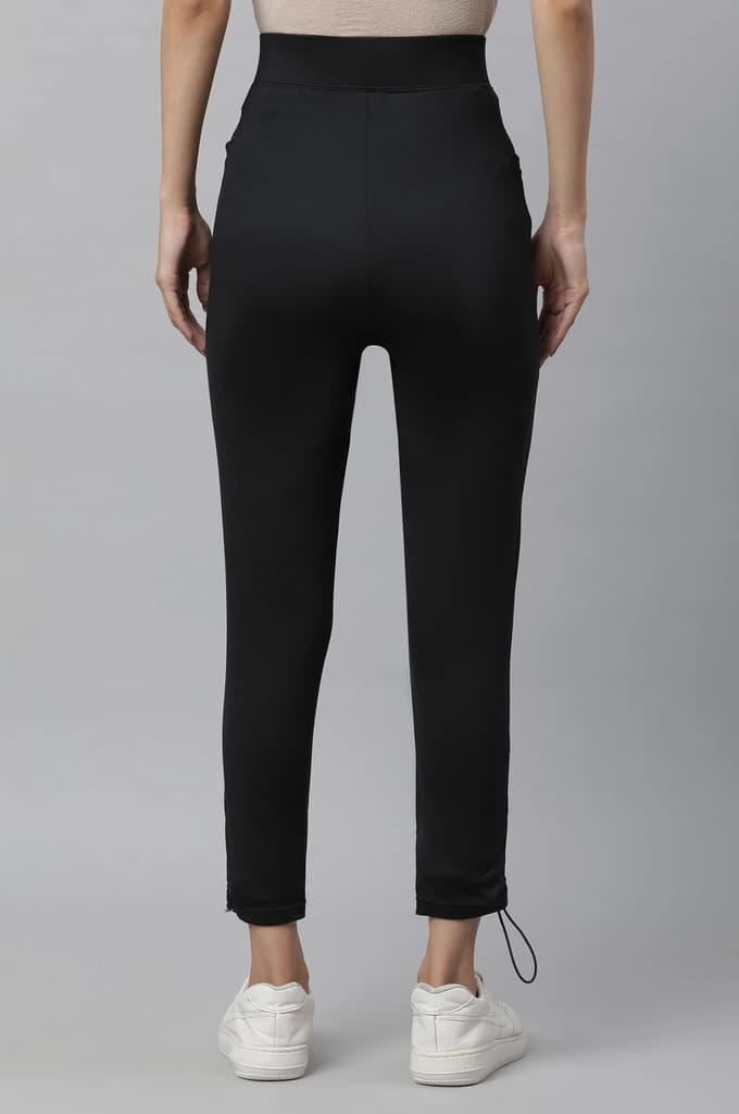 Black Solid Skinny Fit Yoga Tights With Drawstring — photo 4