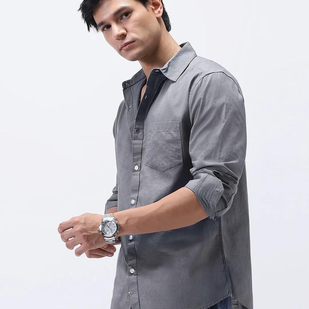 Men's Grey Cotton Full Sleeve Regular Fit Casual Solid Slub Shirt with Spread Collar