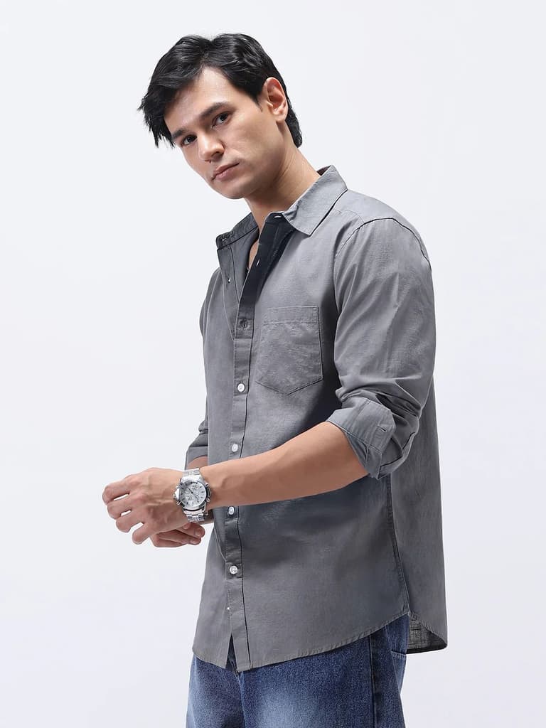 Men's Grey Cotton Full Sleeve Regular Fit Casual Solid Slub Shirt with Spread Collar — S / Grey