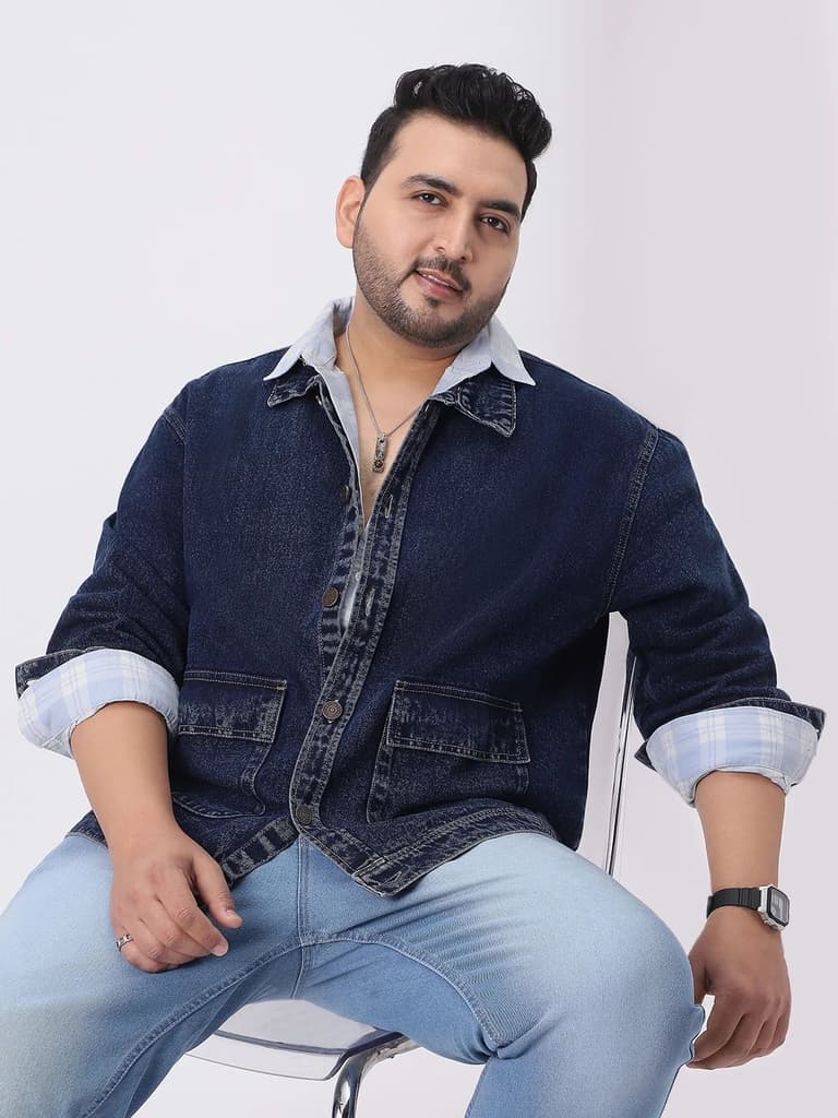 Plus Men's Dark Blue Relaxed Fit Full Sleeve Utility Denim Jacket — photo 2