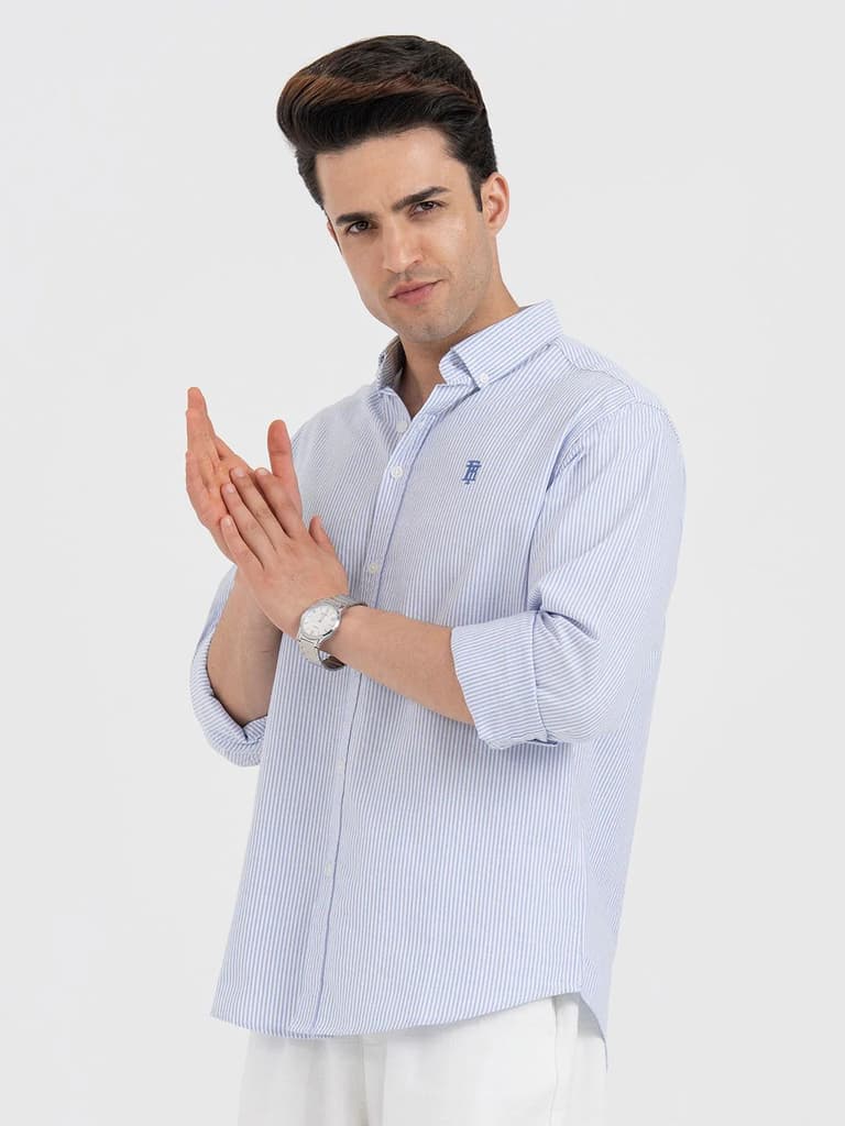 Shirts for Men in Blue | Striped Oxford Full Sleeve Casual Shirt — photo 2