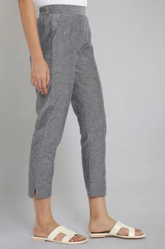 Grey Solid Straight Fit Cotton Trousers With Elasticated Waistband — photo 4