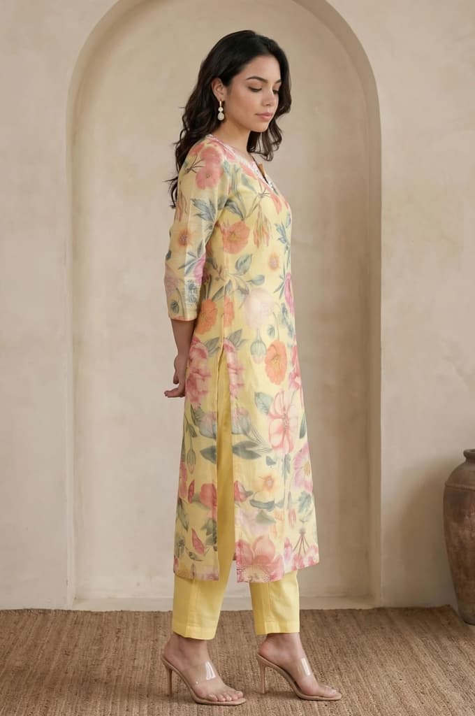 Yellow Floral Printed Beadwork Straight Kurta with Pants and Dupatta Set — photo 6