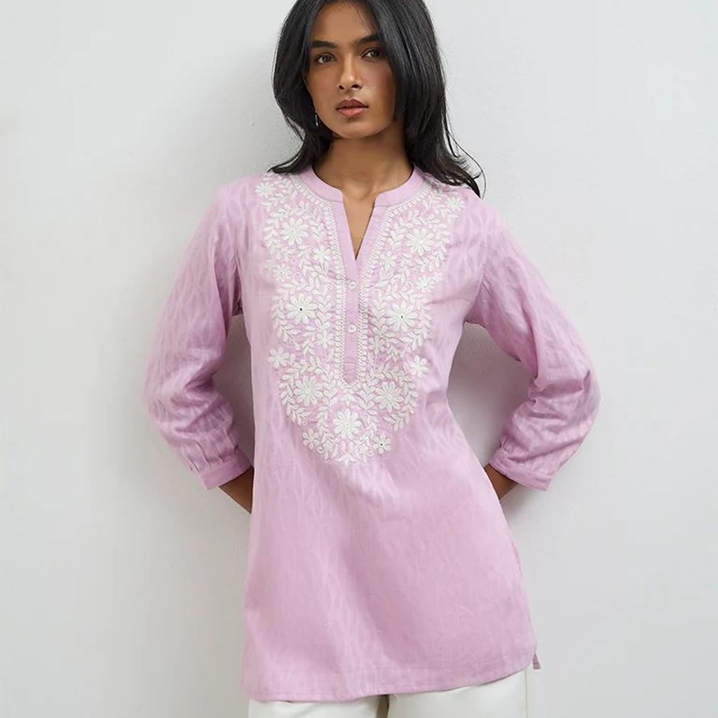 Utsa Lilac Floral Embroidered Cotton-Blend Kurti