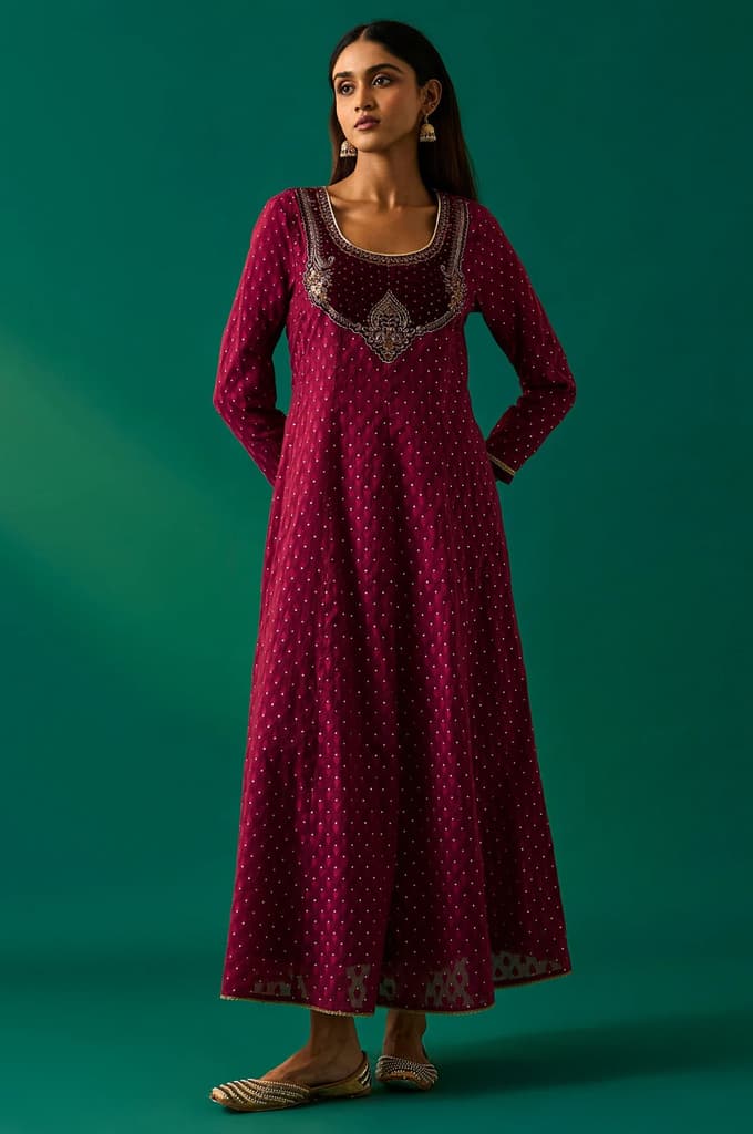Maroon Embroidered Anarkali Georgette Gilet with Dress and Churidar Set — photo 6