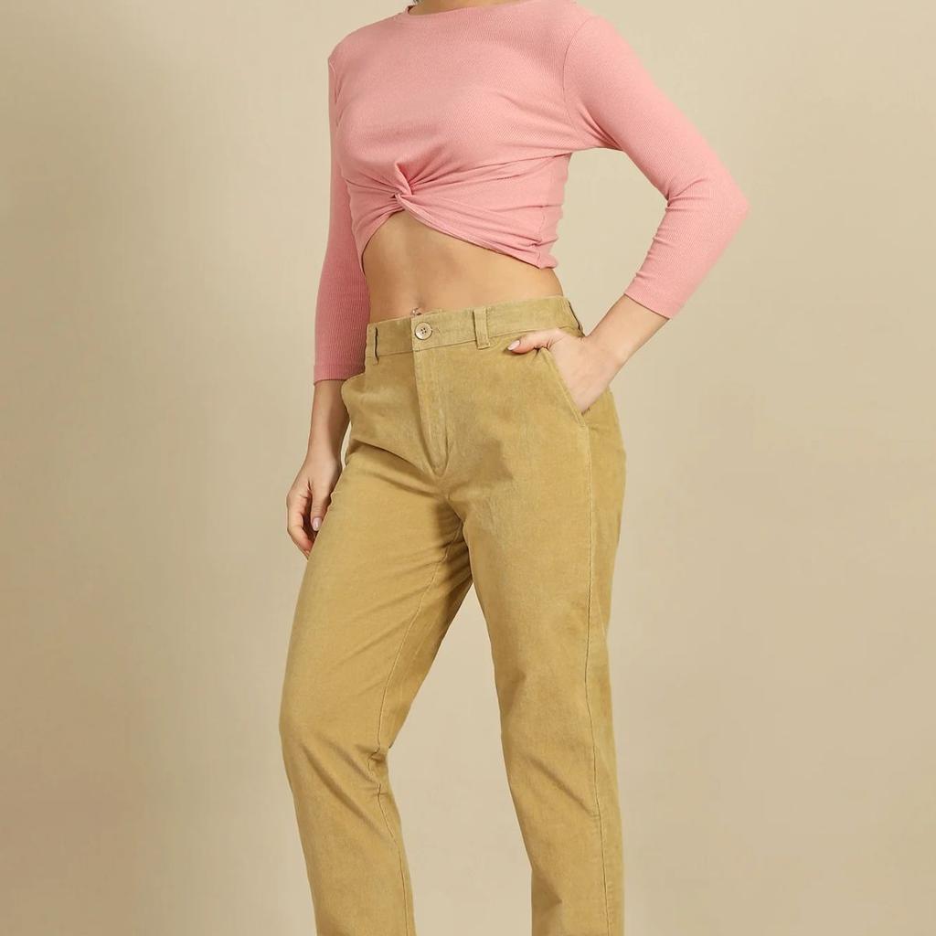 Beige Solid Straight Fit Cotton Pants with YKK Zipper