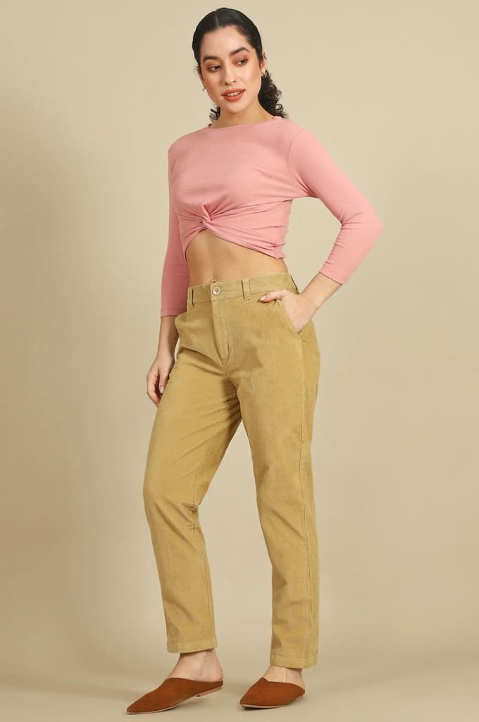 Beige Solid Straight Fit Cotton Pants with YKK Zipper