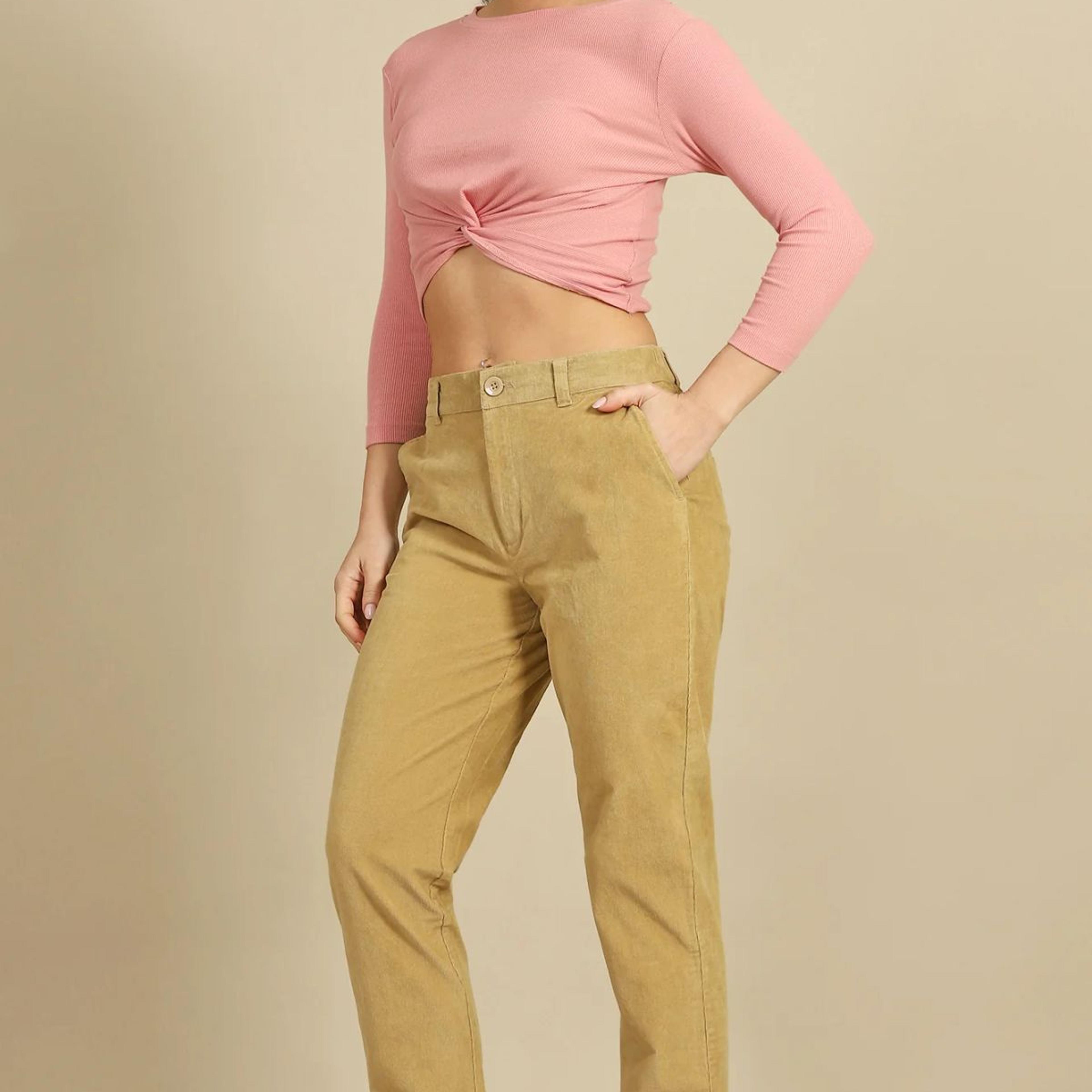Beige Solid Straight Fit Cotton Pants with YKK Zipper
