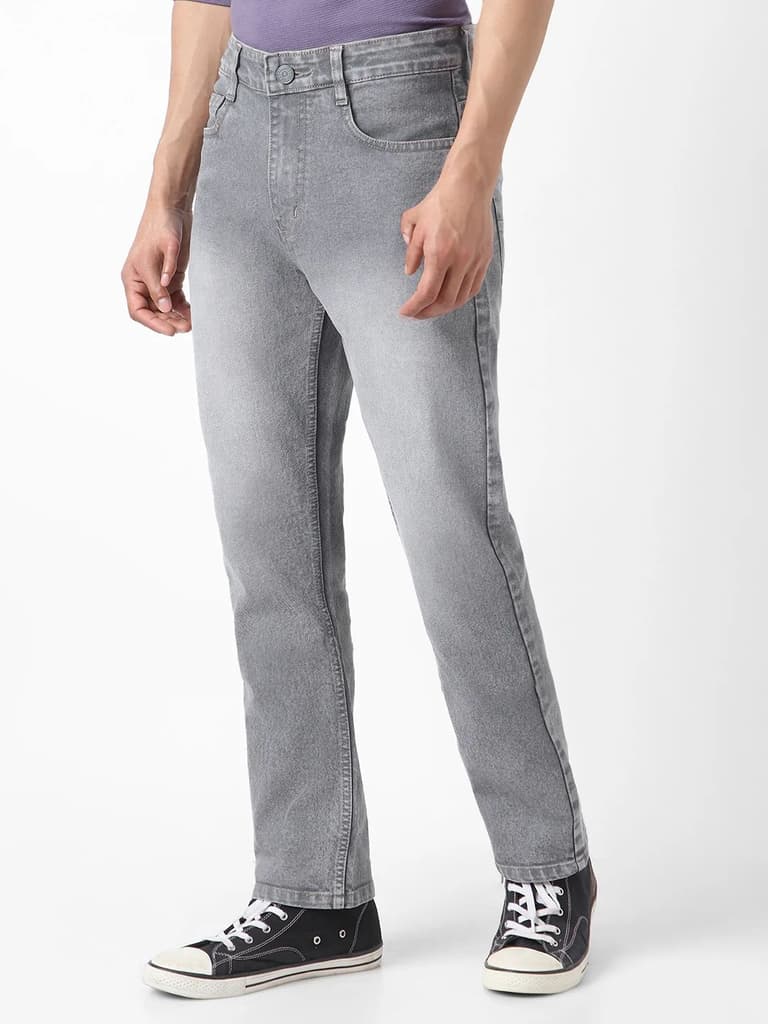 Men's Grey Straight Fit Washed Jeans Stretchable — photo 2