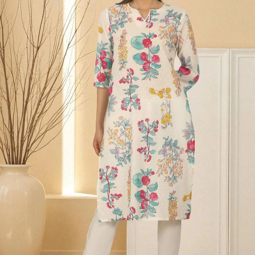 White Floral Printed Textured Cotton Straight Summer Kurta