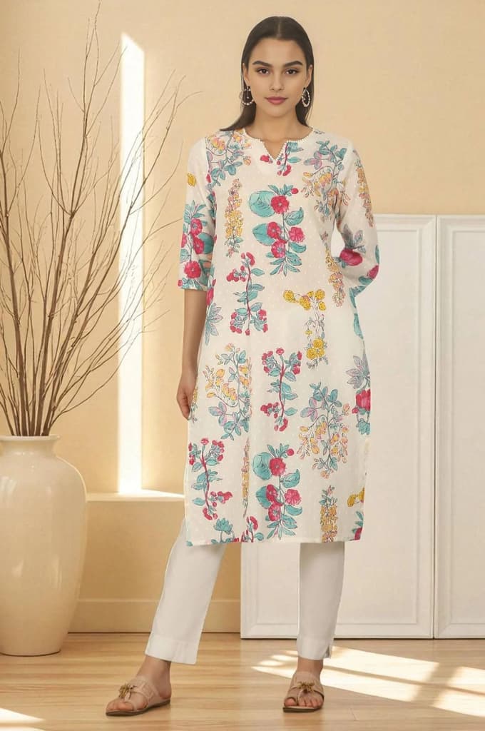 White Floral Printed Textured Cotton Straight Summer Kurta — XS