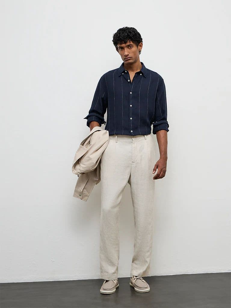 Ascot Beige Mid-Rise Relaxed-Fit Trousers