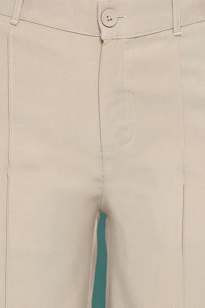 Beige Solid Korea Rayon Twill Pants In Ankle Length with YKK Zipper — photo 2