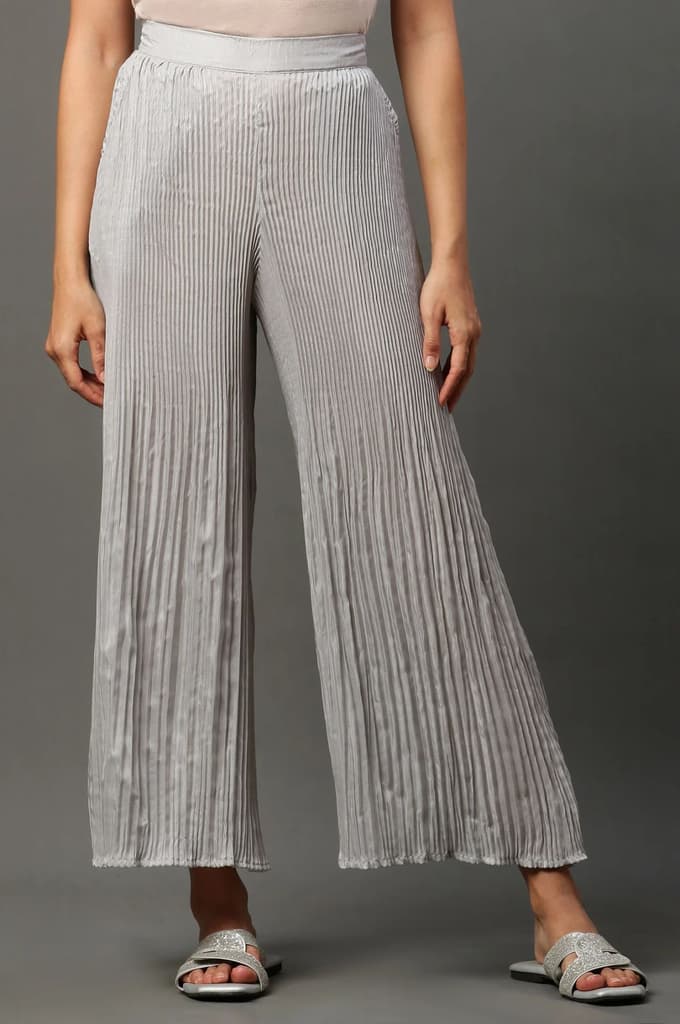 Silver Solid Flared Woven Sharara With Pleated Detail
