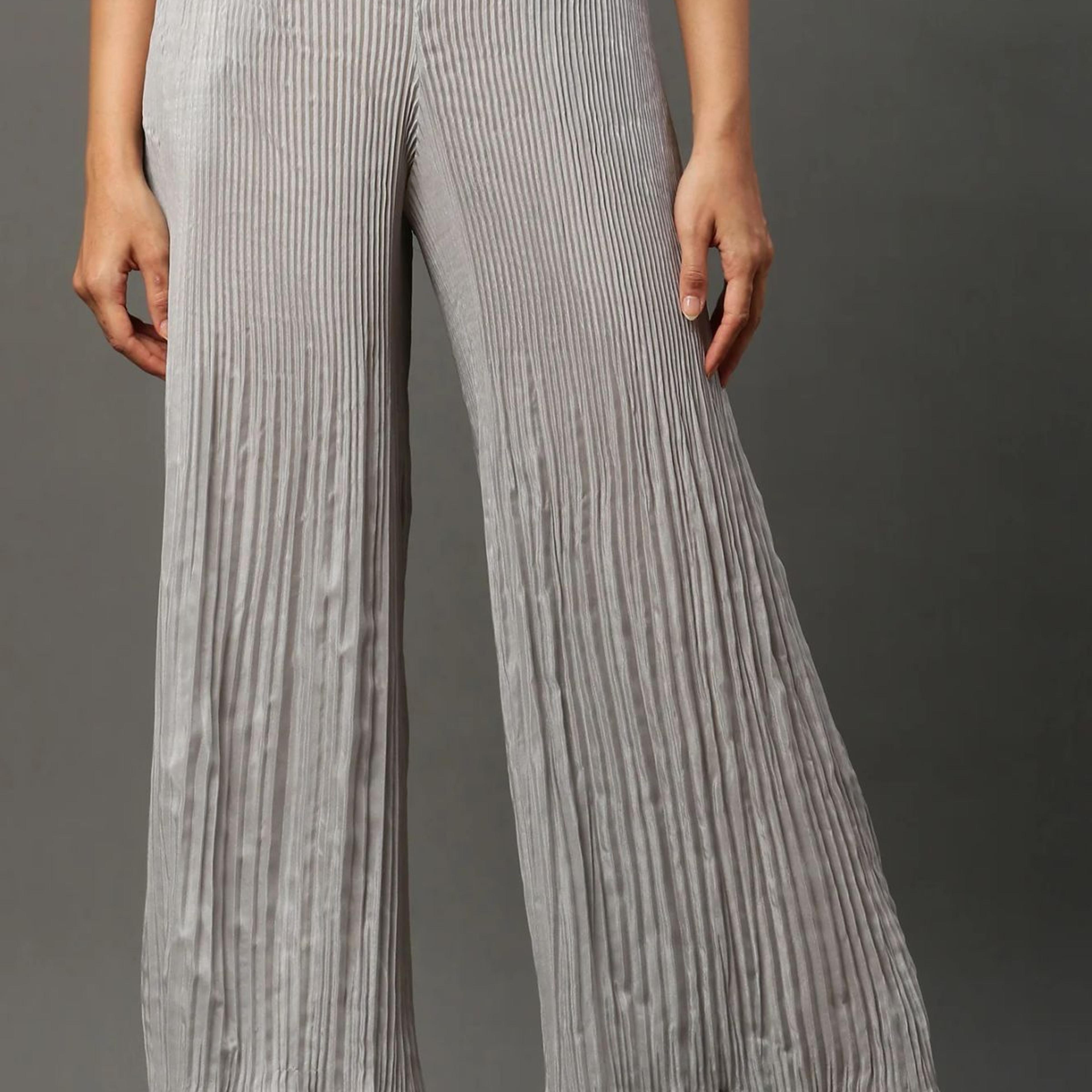 Silver Solid Flared Woven Sharara With Pleated Detail
