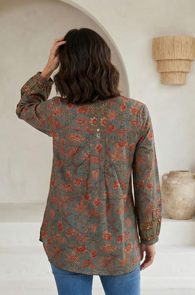 Blue Floral Printed Pure Cotton Straight Top — photo 5