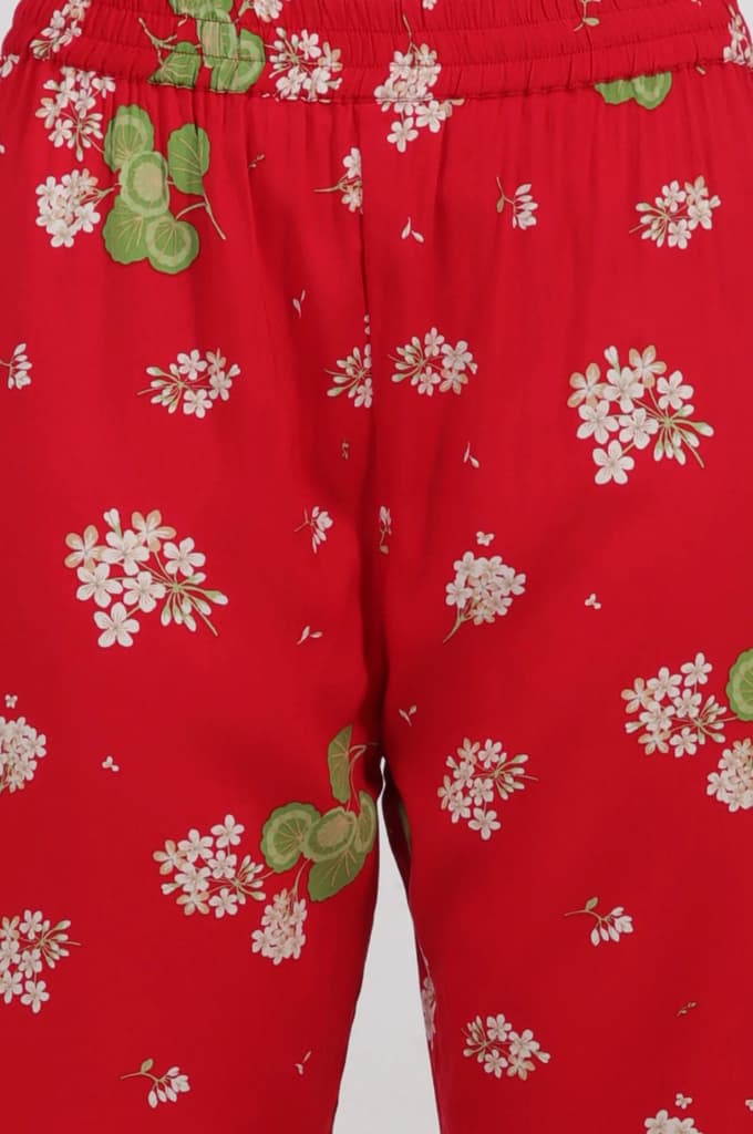 Red Floral Printed Beaded Rayon Straight Kurta and Pants Co-ord Set — photo 8