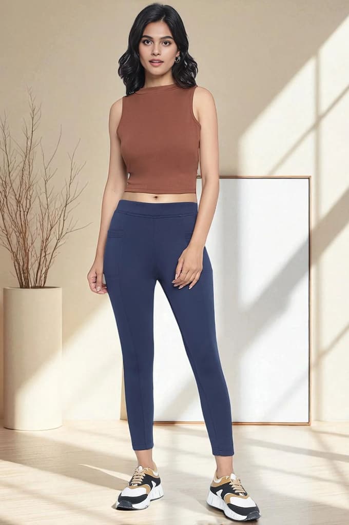 Navy Blue Solid Mid Rise Tights in Calf Length — photo 6
