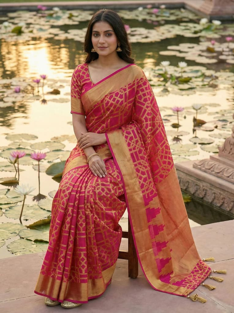 MIMOSA Women's Woven Design Banarasi Style Art Silk Saree with Blouse Piece - Rani ( SA00003121RNFREE ) — photo 4
