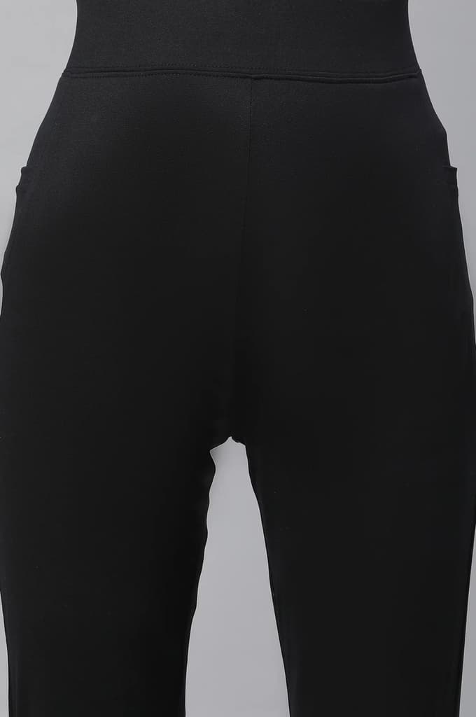 Black Solid Skinny Fit Yoga Tights With Drawstring — photo 6