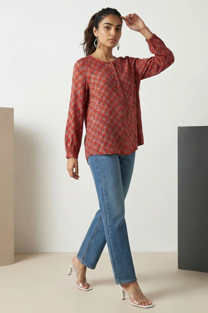Red Block Floral Printed Satin Straight Top — photo 2