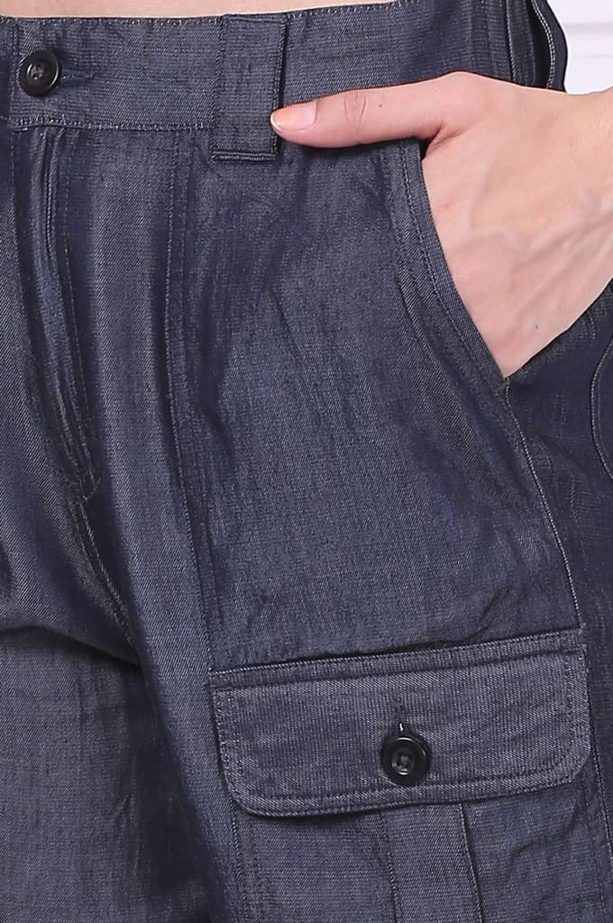 Blue Solid Mid Thigh Linen Shorts with YKK Zipper — photo 7
