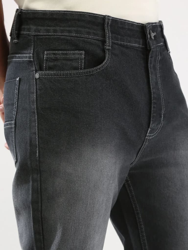 Men's Dark Grey Straight Fit Washed Jeans Stretchable — photo 5