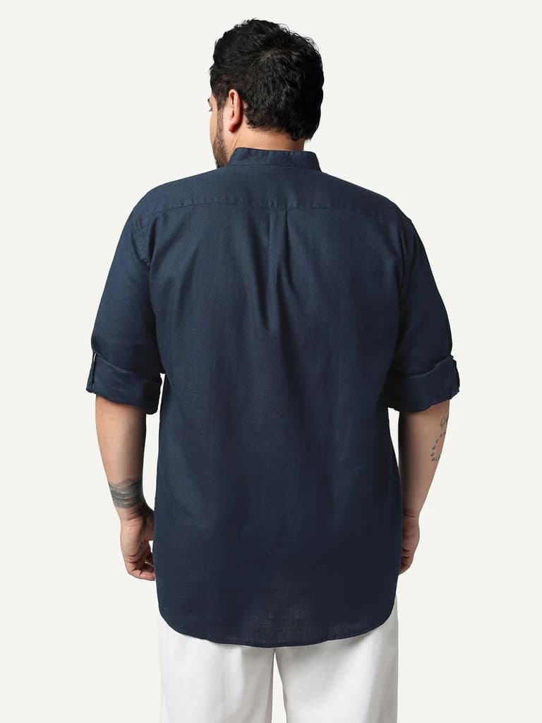 Plus Men's Navy Linen Blend Full Sleeve Relaxed Fit Mandarin Collar Casual Solid Shirt — photo 3