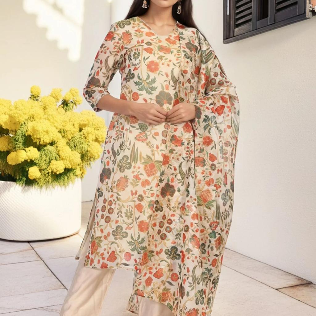 Off-White Floral Printed Straight Tissue Kurta with Straight Pant and Dupatta Set