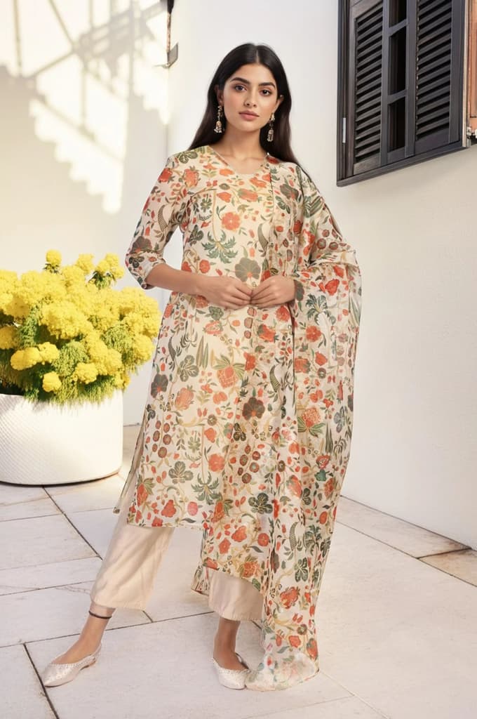 Off-White Floral Printed Straight Tissue Kurta with Straight Pant and Dupatta Set — XS