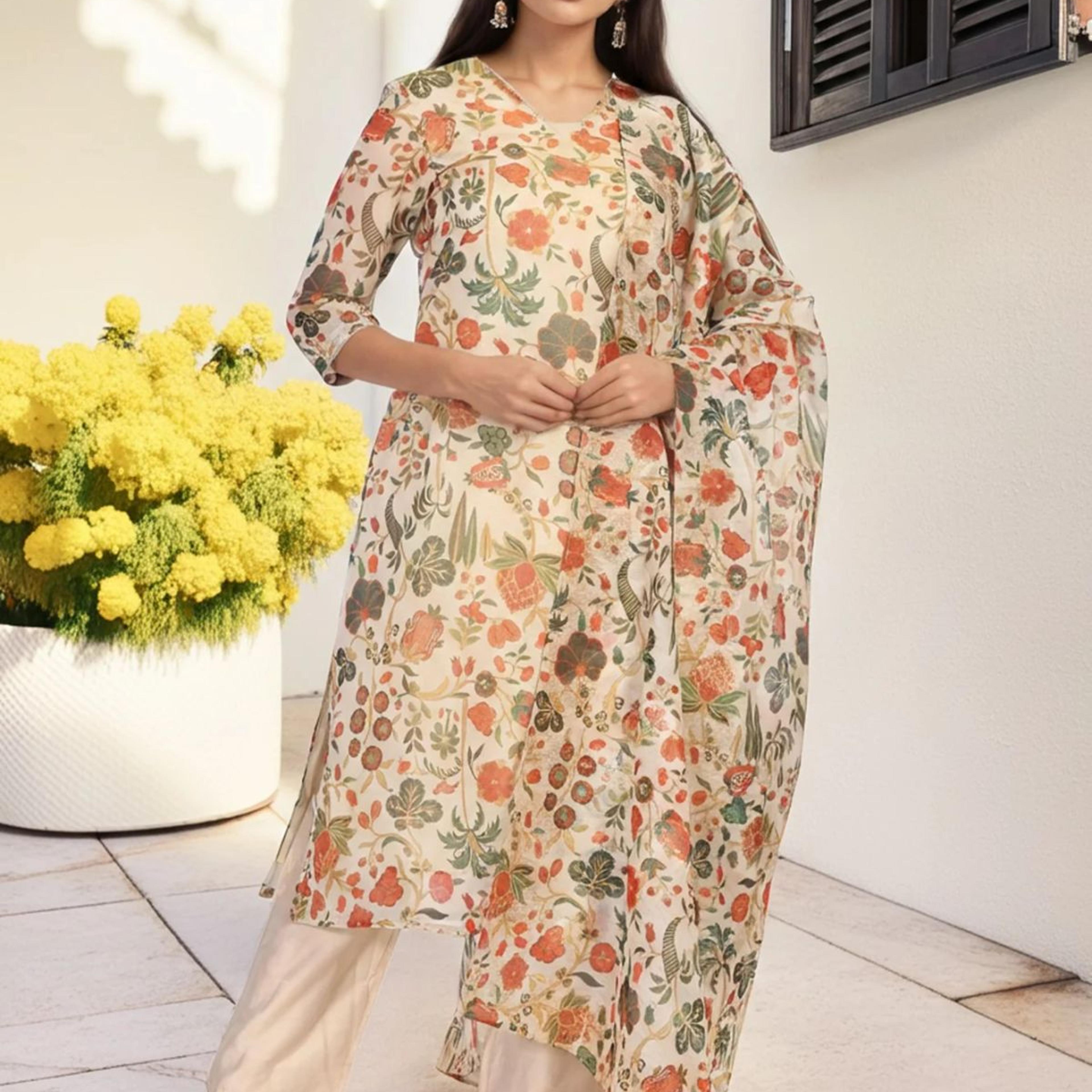 Off-White Floral Printed Straight Tissue Kurta with Straight Pant and Dupatta Set