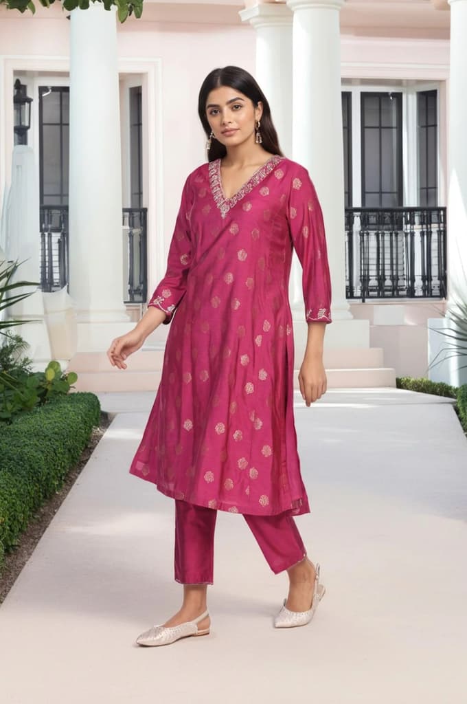 Magenta Embroidered Jacquard A-Line Kurta with Straight Pant and Dupatta Set — photo 6