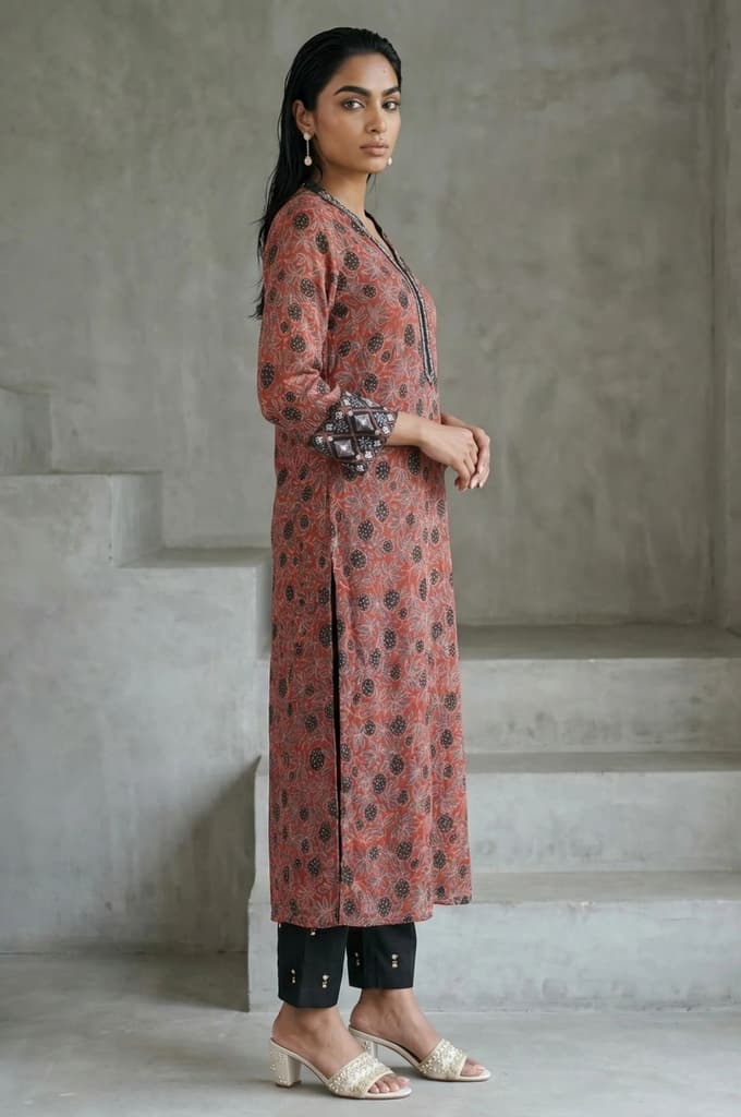 Brick Red Ajrak Printed Mirror Work Modal Satin Straight Kurta — photo 4