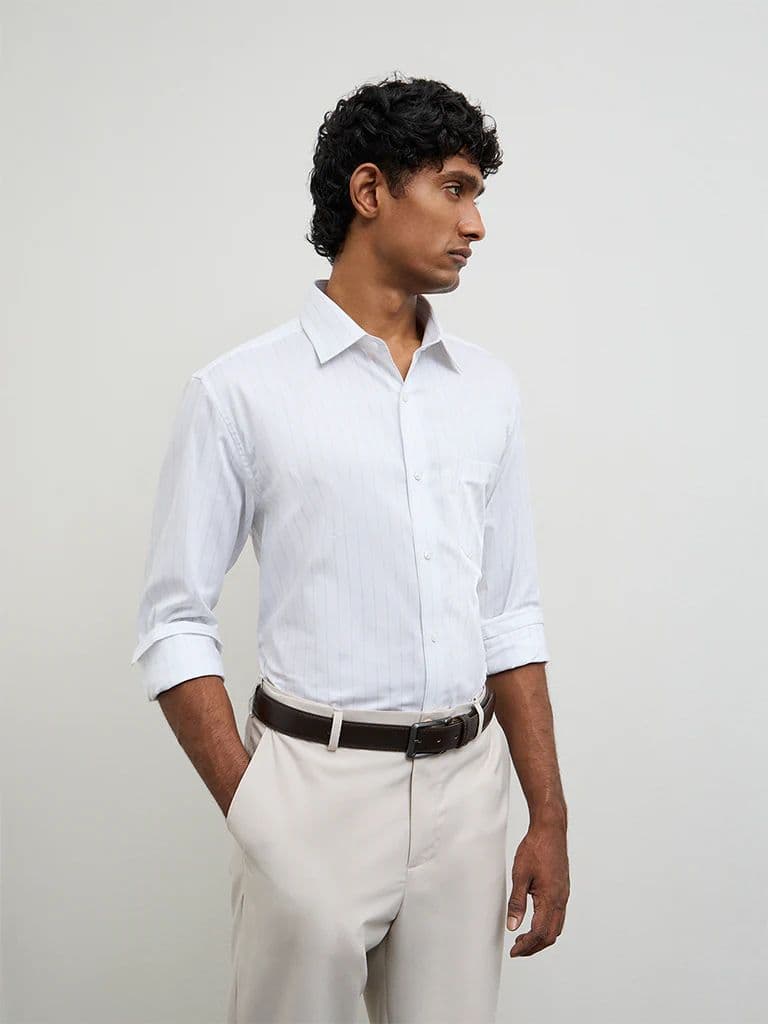 WES Formals Green Striped Relaxed-Fit Cotton Shirt — photo 2